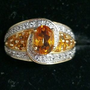 Solid14kG Citrine & Diamond Pave Ring (Sz 7)